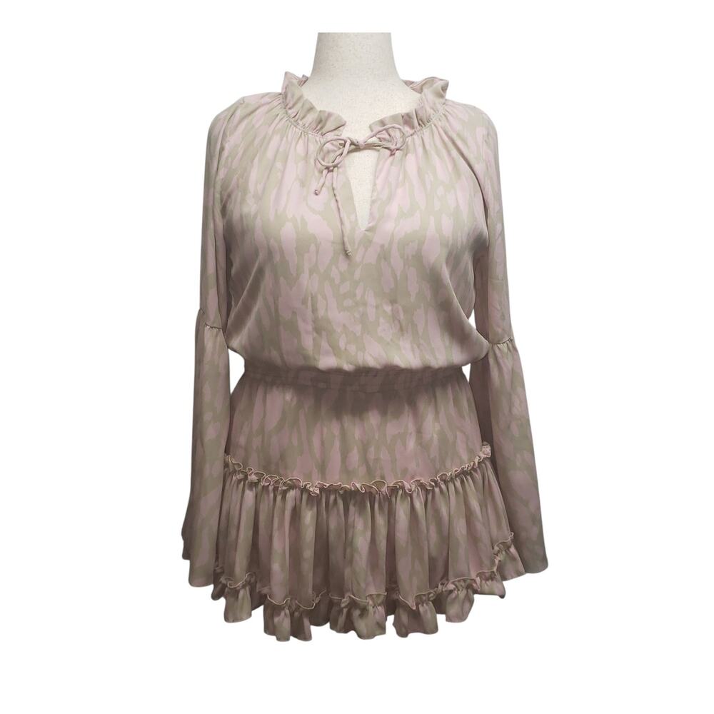 Buddy Love Watercolor Animal Print Zozo Mini Dress Sz M Pink Tan Ruffle Western